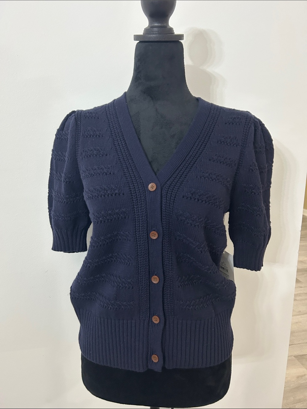 V-Neck Short-Sleeve Knit Cardigan Sweater - Navy